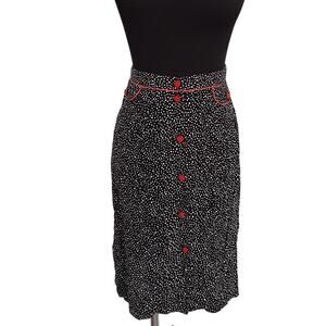 Vintage 80s Polka Dot Flare Skirt Knee Length Cherry Red Button Front 10 Retro